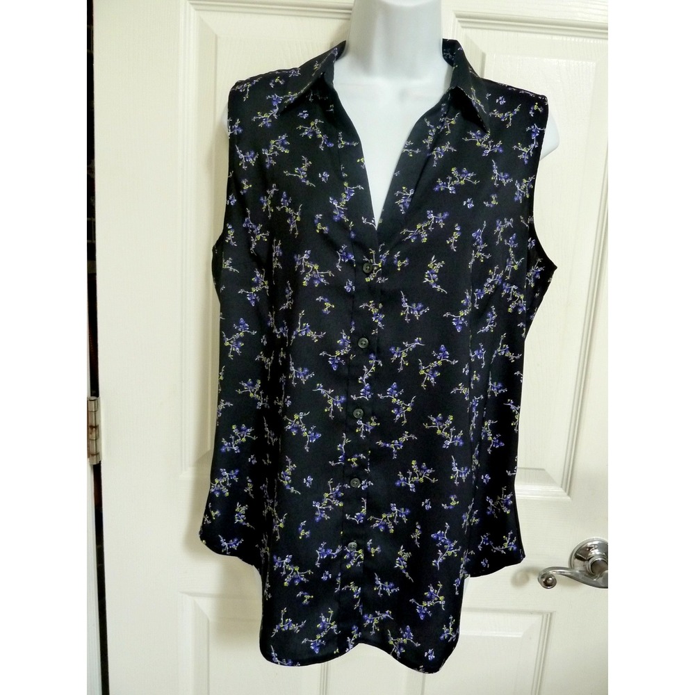 NWOT ANN TAYLOR Sz Med. 8/10 Dark Floral Button-Up Blouse Sleeveless Career